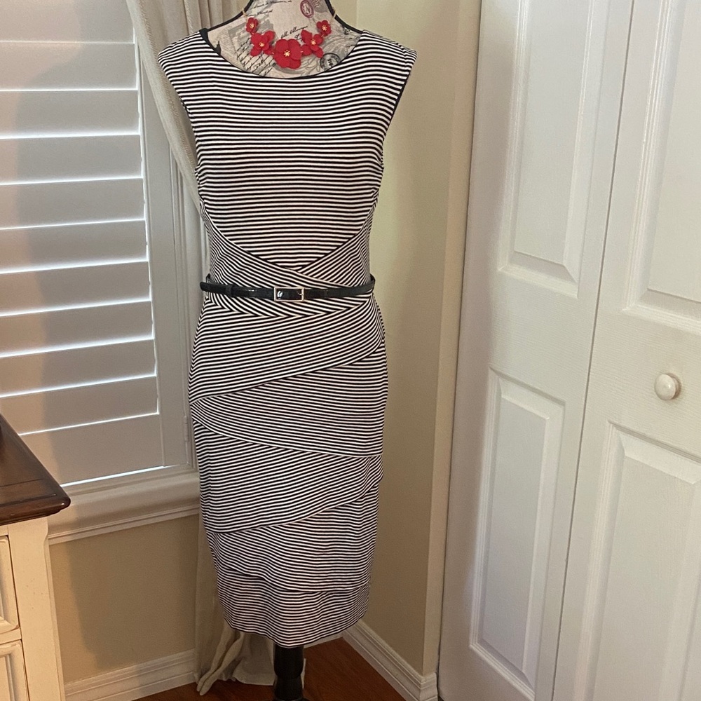 White House Black Market Black White Striped Sheath Dress Belted Size 6 - Picture 3 of 10